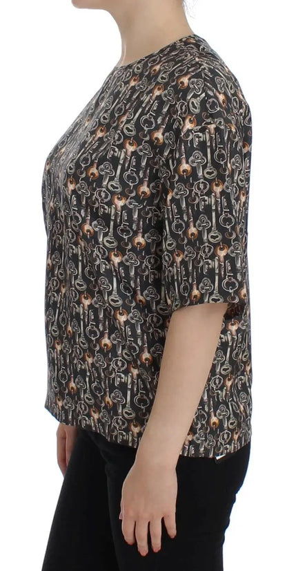 Dolce & Gabbana Gray Gold Key Print Silk Blouse T-shirt by Dolce & Gabbana
