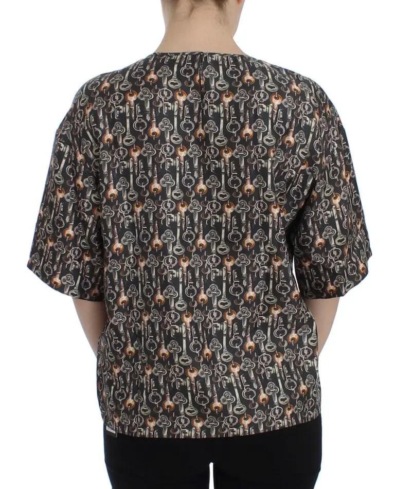 Dolce & Gabbana Gray Gold Key Print Silk Blouse T-shirt by Dolce & Gabbana