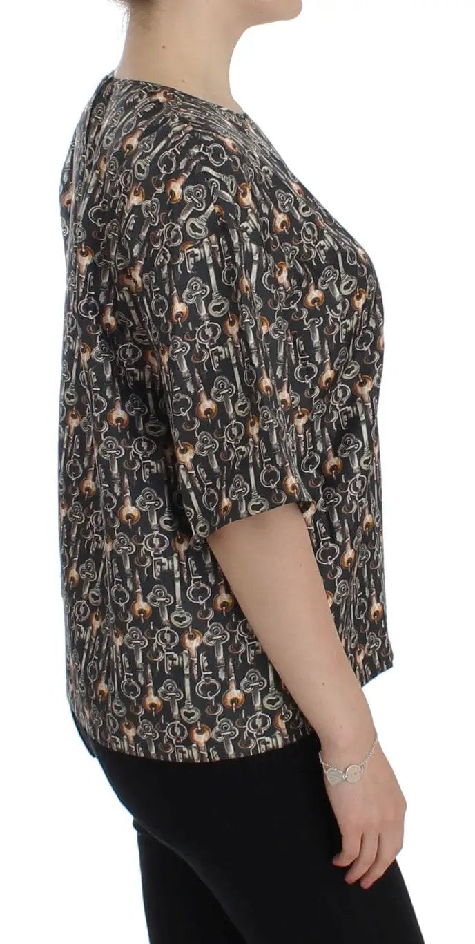 Dolce & Gabbana Gray Gold Key Print Silk Blouse T-shirt by Dolce & Gabbana