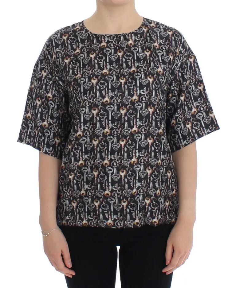 Dolce & Gabbana Gray Gold Key Print Silk Blouse T-shirt by Dolce & Gabbana
