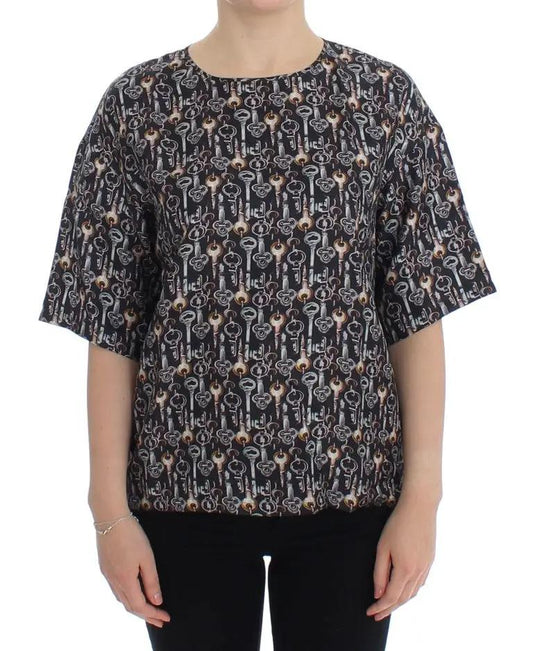 Dolce & Gabbana Gray Gold Key Print Silk Blouse T-shirt by Dolce & Gabbana