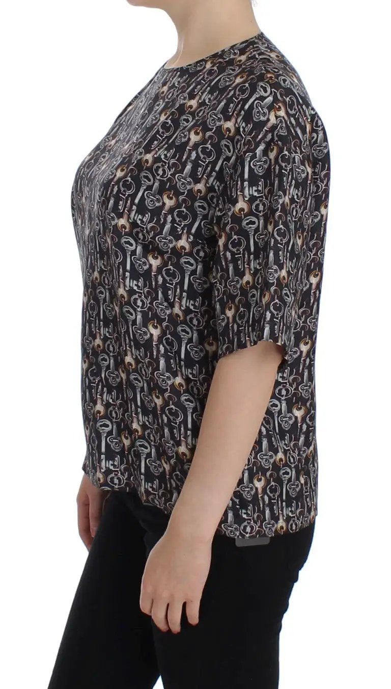 Dolce & Gabbana Gray Gold Key Print Silk Blouse T-shirt by Dolce & Gabbana