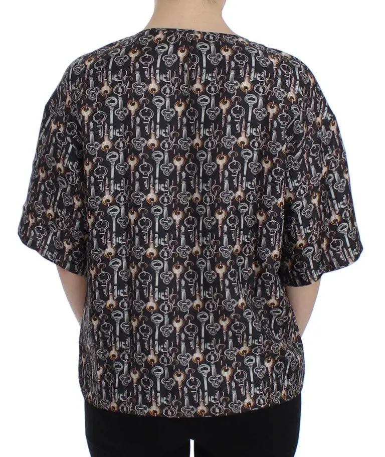 Dolce & Gabbana Gray Gold Key Print Silk Blouse T-shirt by Dolce & Gabbana
