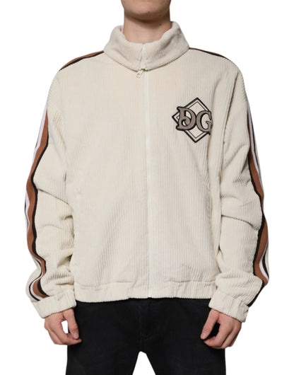 Dolce & Gabbana Beige Logo Applique Cotton Corduroy Full Zip Jacket by Dolce & Gabbana