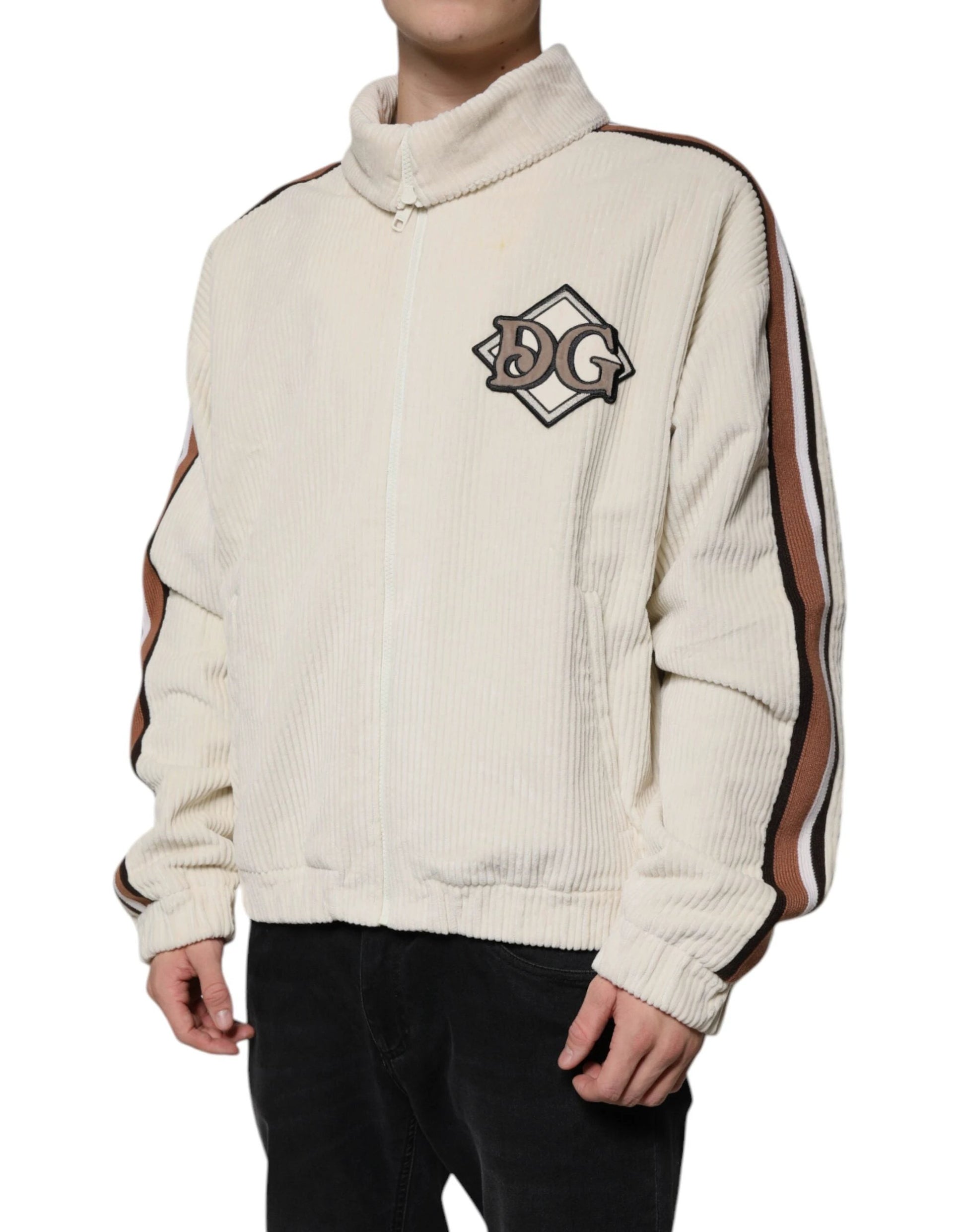 Dolce & Gabbana Beige Logo Applique Cotton Corduroy Full Zip Jacket by Dolce & Gabbana