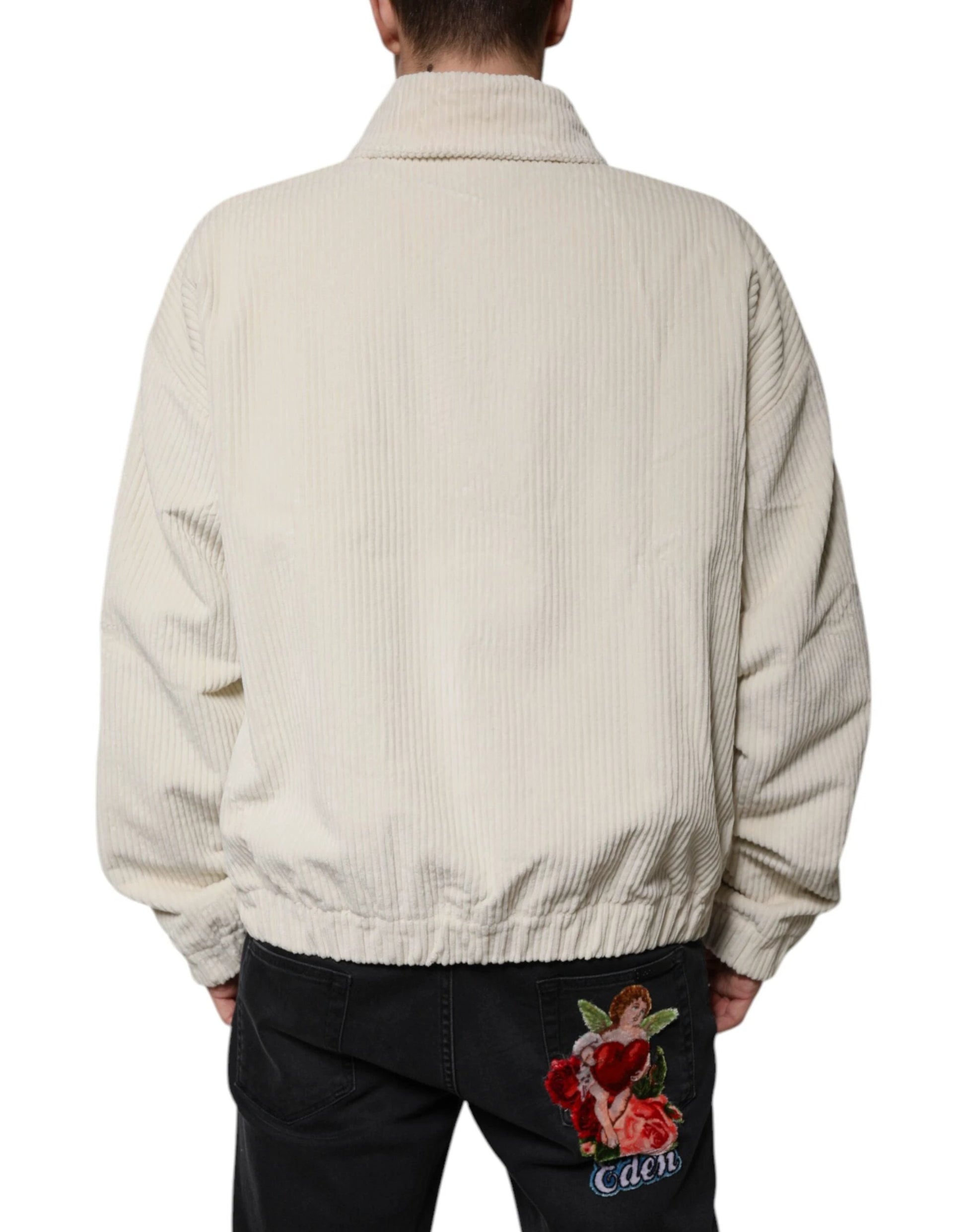 Dolce & Gabbana Beige Logo Applique Cotton Corduroy Full Zip Jacket by Dolce & Gabbana