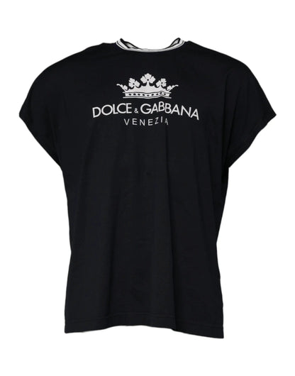 Dolce & Gabbana Dark Blue Logo Crown Cotton Crew Neck T-shirt by Dolce & Gabbana