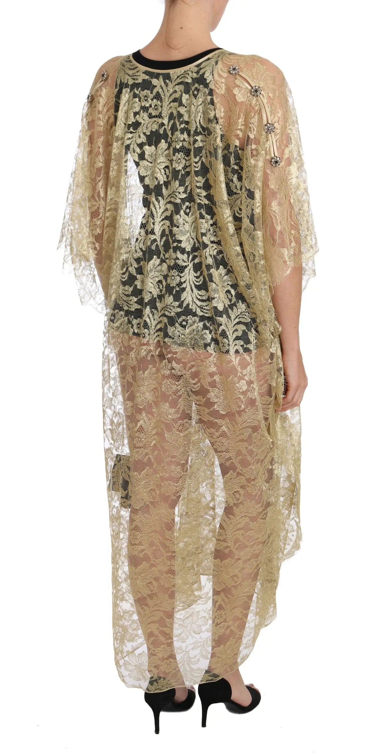 Dolce & Gabbana Gold Floral Lace Crystal Gown Cape Dress by Dolce & Gabbana