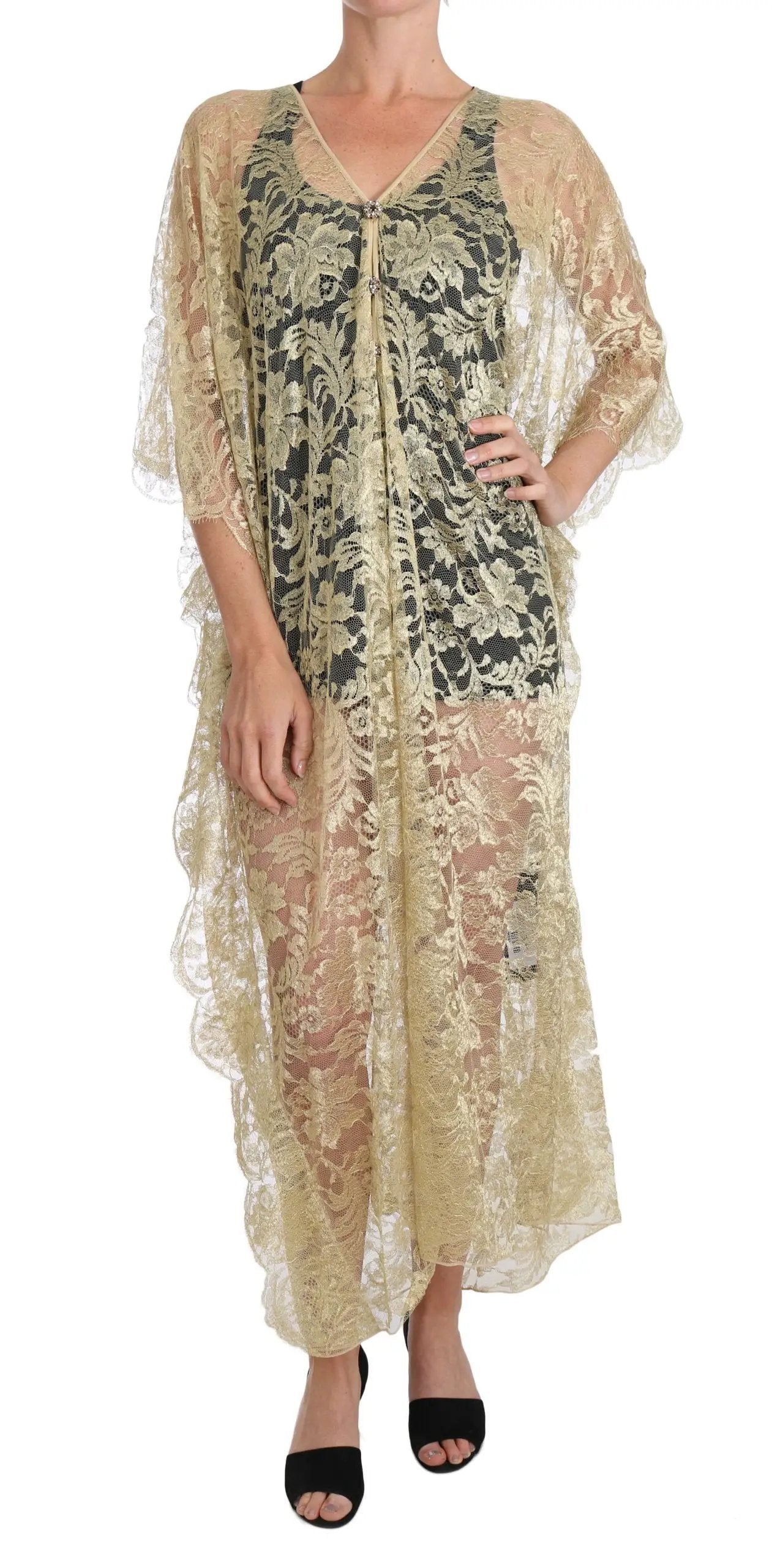 Dolce & Gabbana Gold Floral Lace Crystal Gown Cape Dress by Dolce & Gabbana