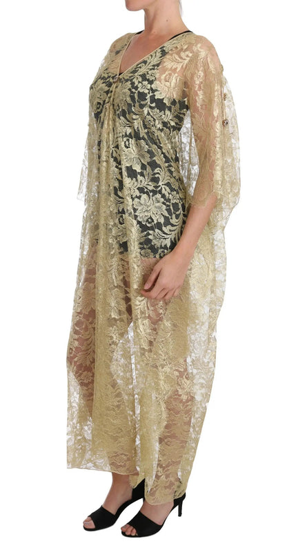 Dolce & Gabbana Gold Floral Lace Crystal Gown Cape Dress by Dolce & Gabbana