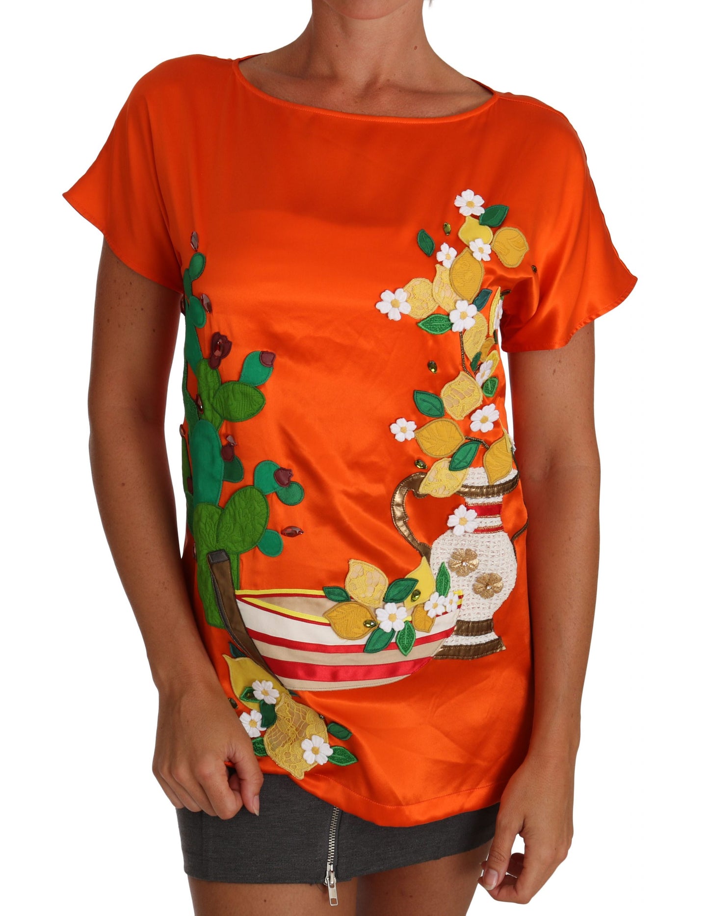 Dolce & Gabbana Silk Orange Lemon Crystal T-shirt Top by Dolce & Gabbana