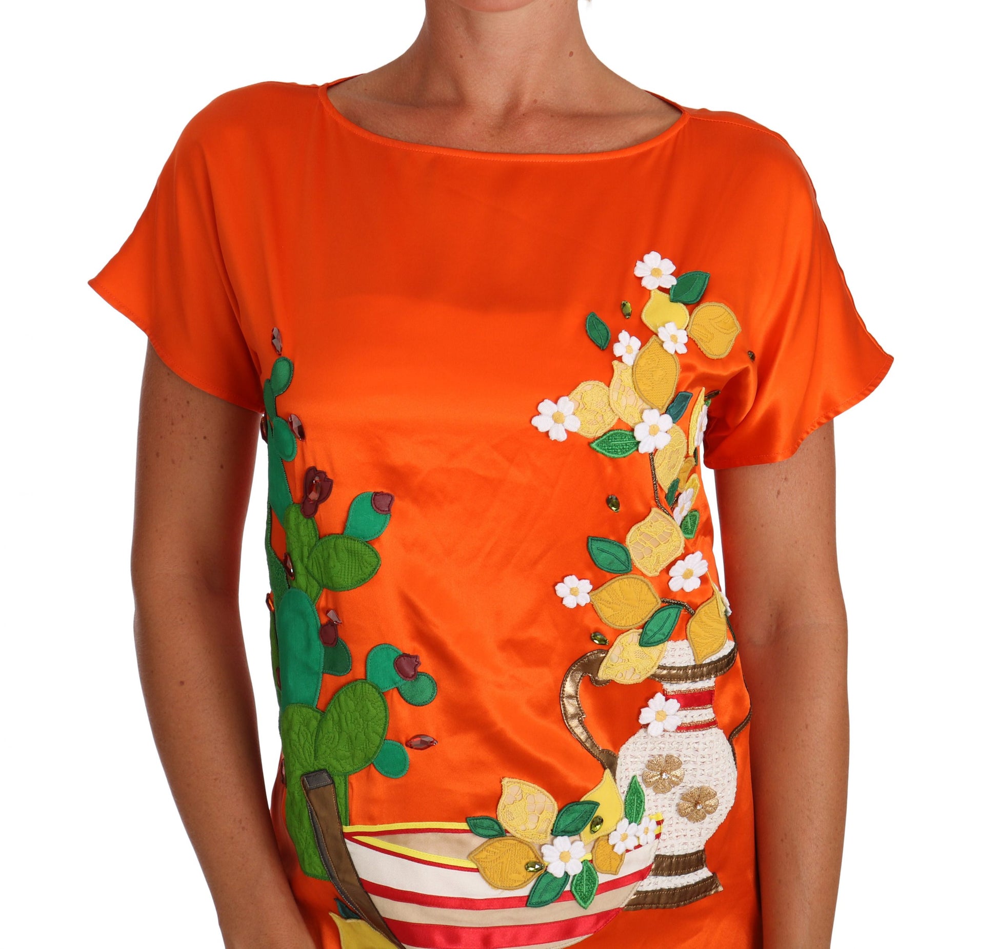 Dolce & Gabbana Silk Orange Lemon Crystal T-shirt Top by Dolce & Gabbana