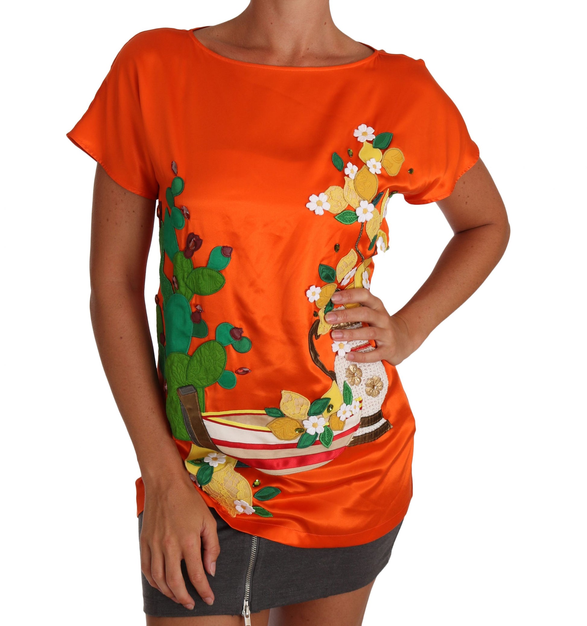 Dolce & Gabbana Silk Orange Lemon Crystal T-shirt Top by Dolce & Gabbana