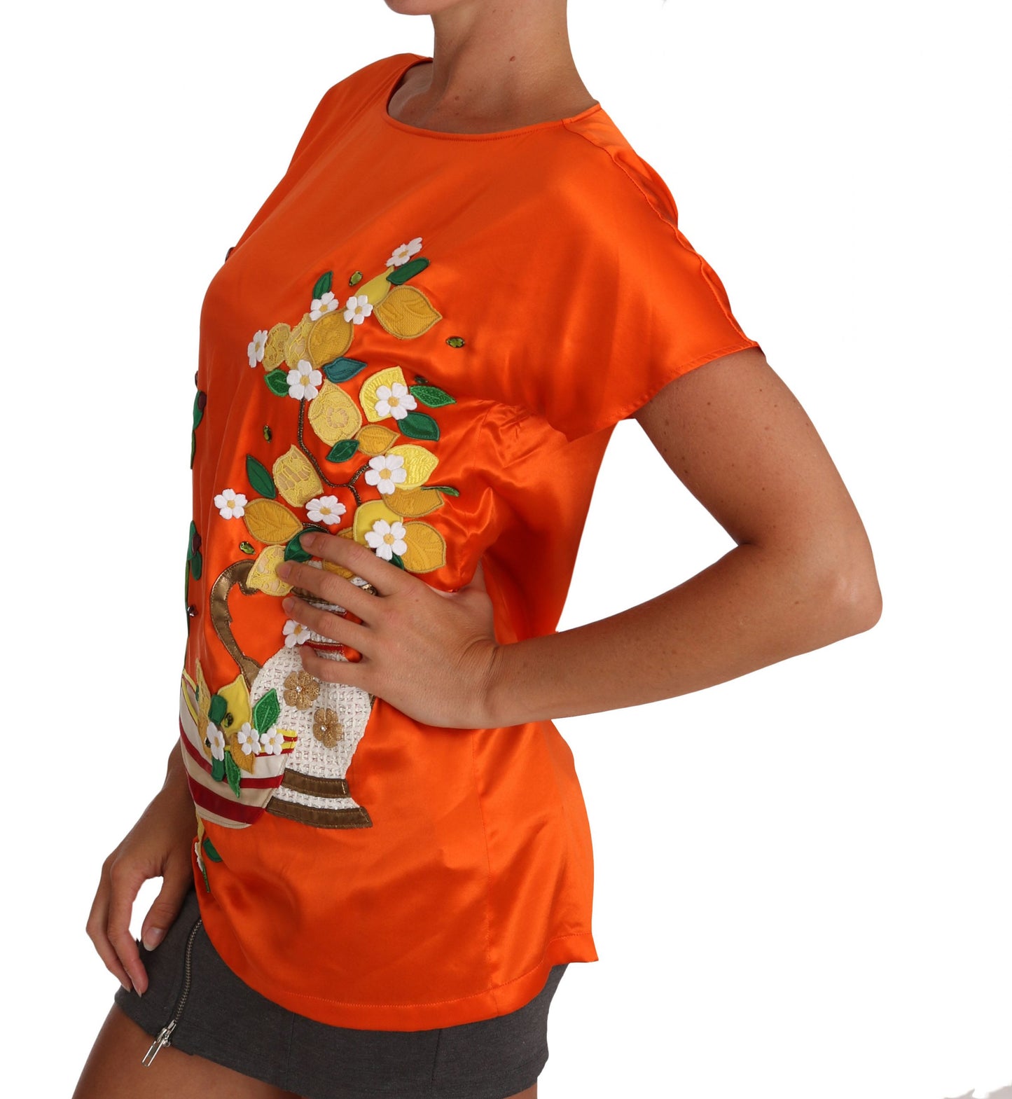 Dolce & Gabbana Silk Orange Lemon Crystal T-shirt Top by Dolce & Gabbana