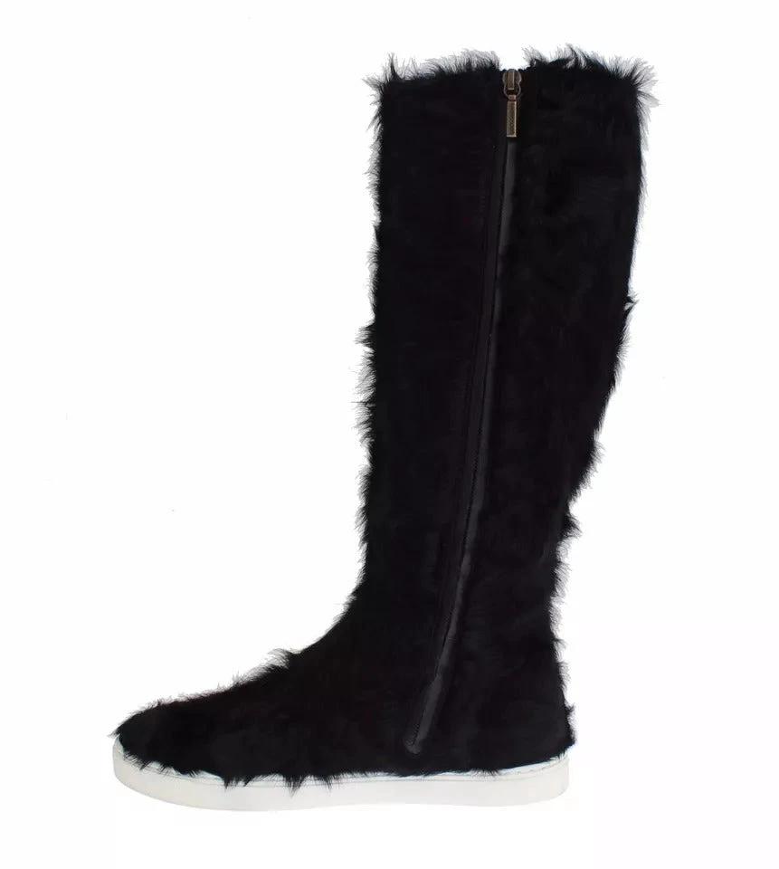 Dolce & Gabbana Black Xiangao Lamb Fur Leather Boots Shoes