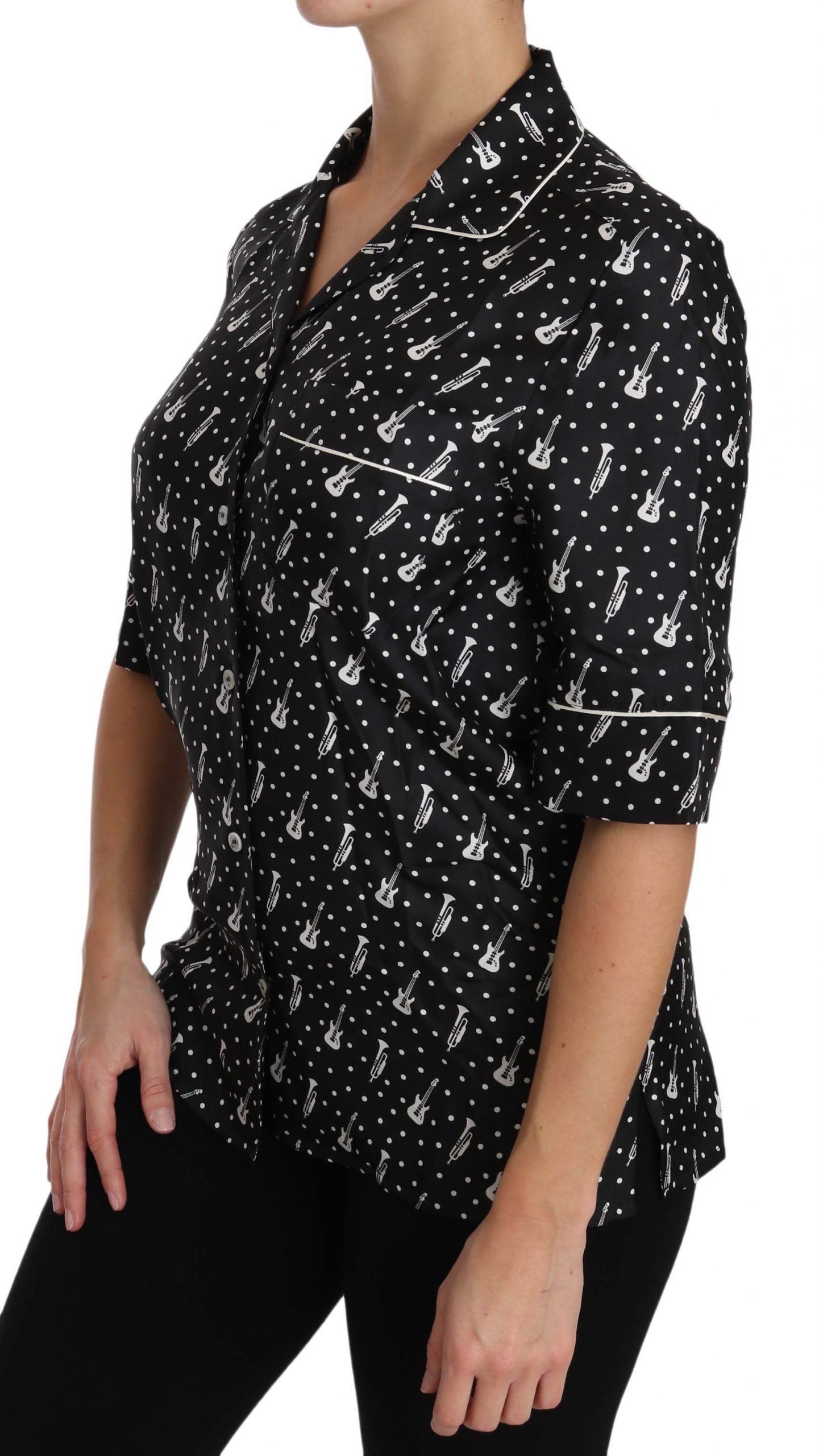 Dolce & Gabbana Black GuitarTrumpet Print Silk Shirt Top by Dolce & Gabbana