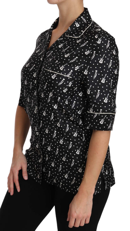 Dolce & Gabbana Black GuitarTrumpet Print Silk Shirt Top by Dolce & Gabbana