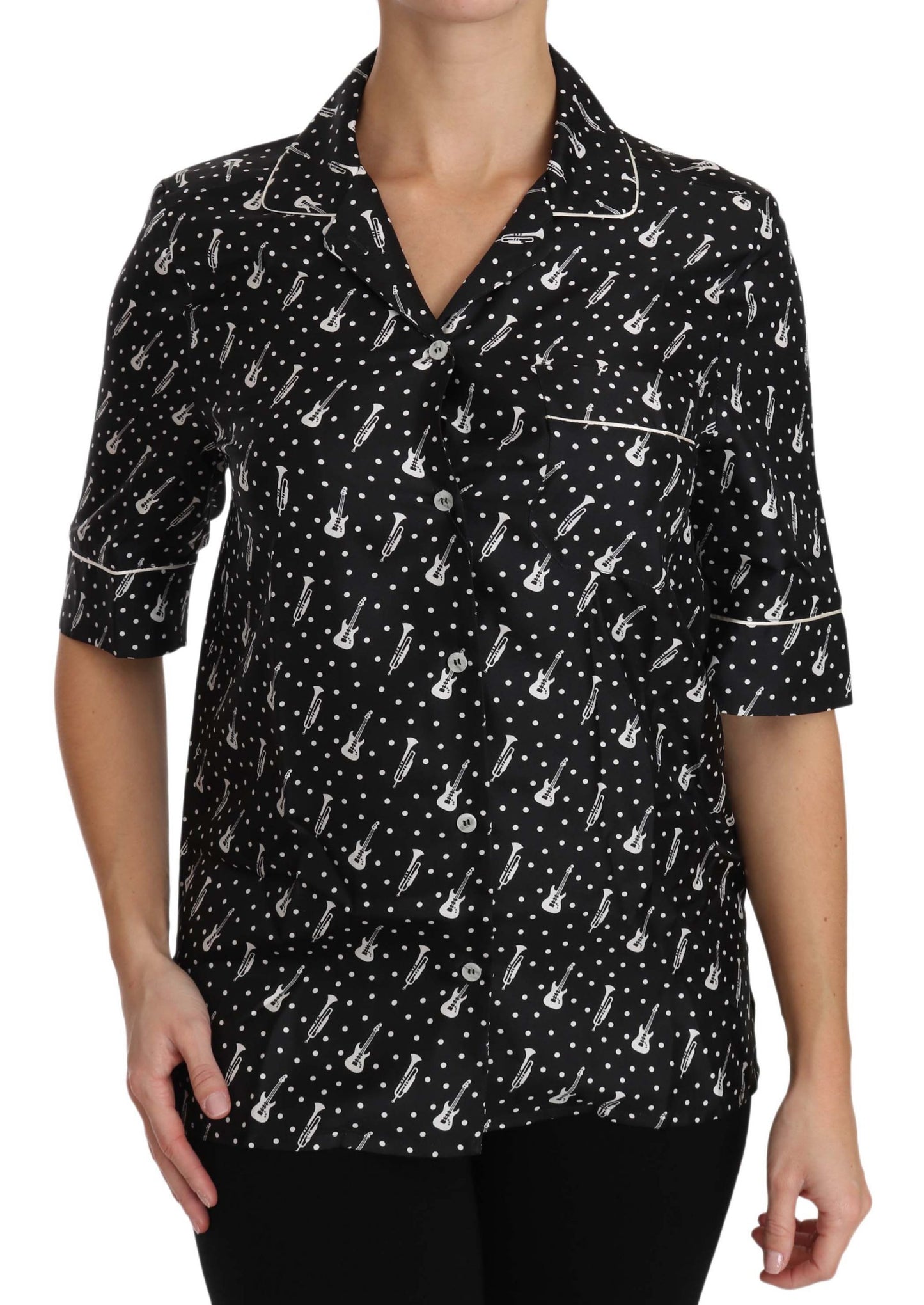 Dolce & Gabbana Black GuitarTrumpet Print Silk Shirt Top by Dolce & Gabbana