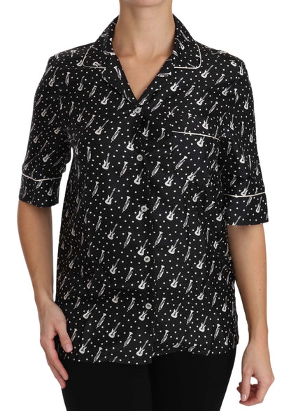Dolce & Gabbana Black GuitarTrumpet Print Silk Shirt Top by Dolce & Gabbana