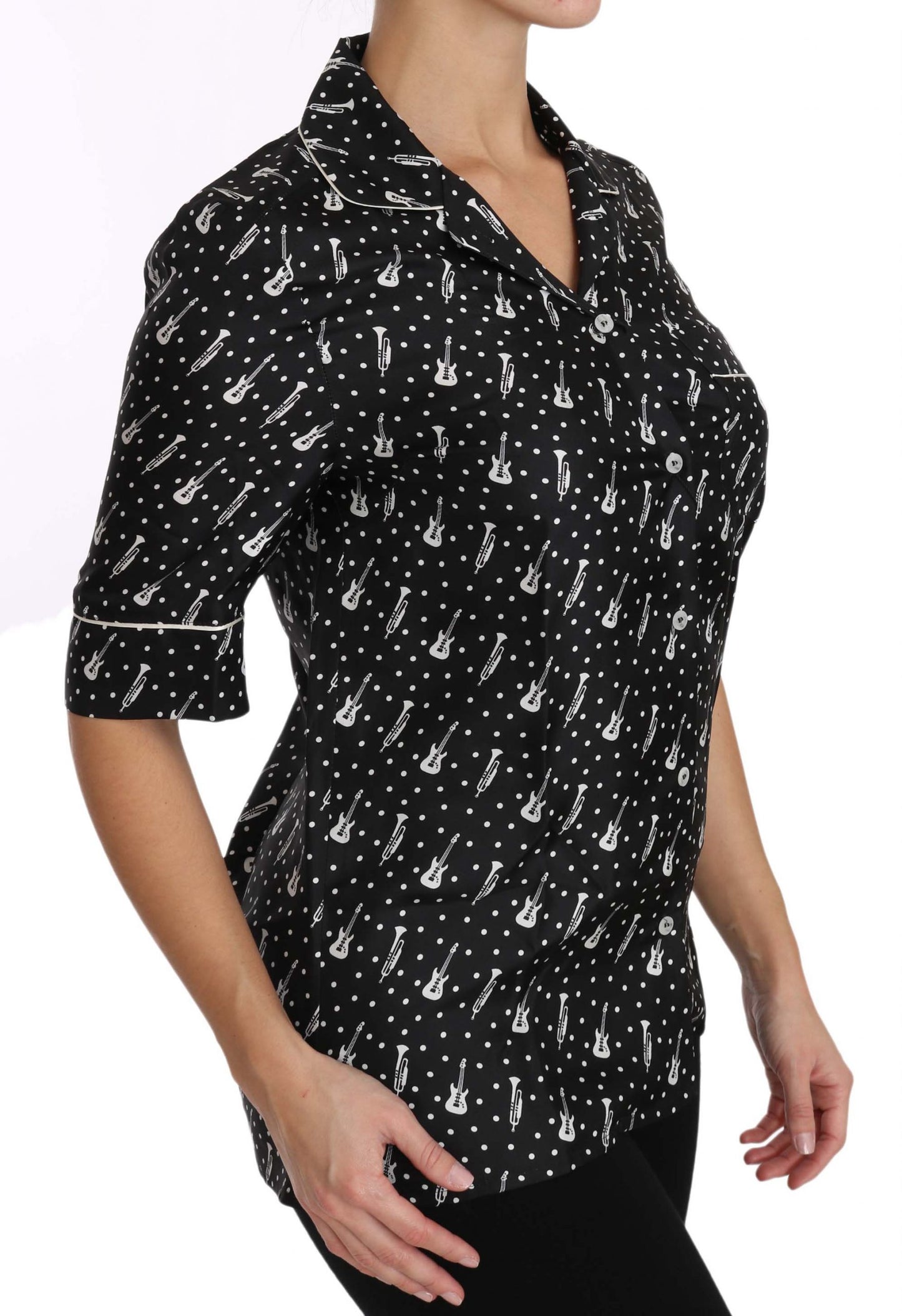 Dolce & Gabbana Black GuitarTrumpet Print Silk Shirt Top by Dolce & Gabbana