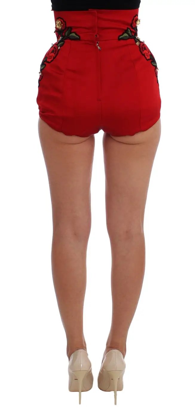 Dolce & Gabbana Red Silk Crystal Roses Shorts by Dolce & Gabbana
