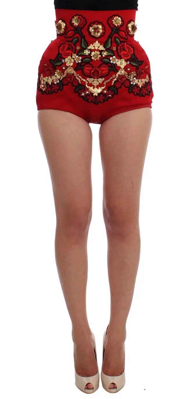 Dolce & Gabbana Red Silk Crystal Roses Shorts by Dolce & Gabbana