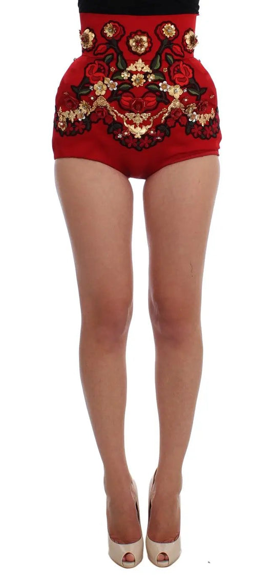Dolce & Gabbana Red Silk Crystal Roses Shorts by Dolce & Gabbana