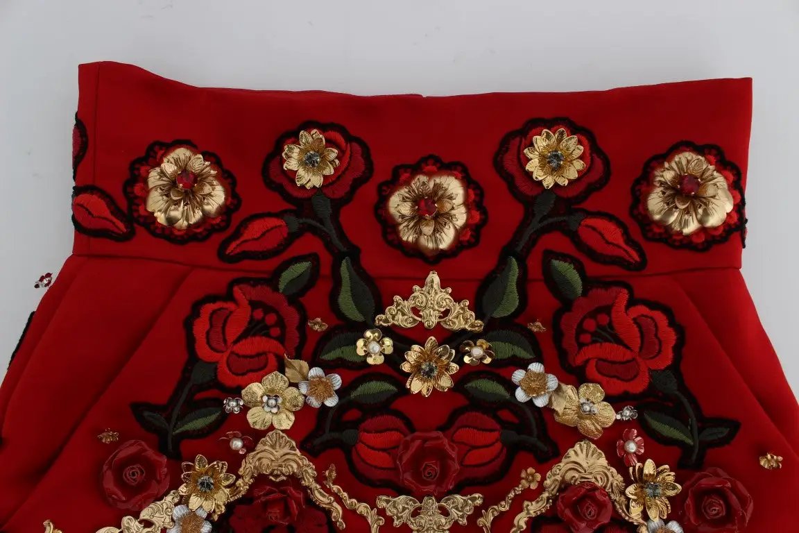 Dolce & Gabbana Red Silk Crystal Roses Shorts by Dolce & Gabbana