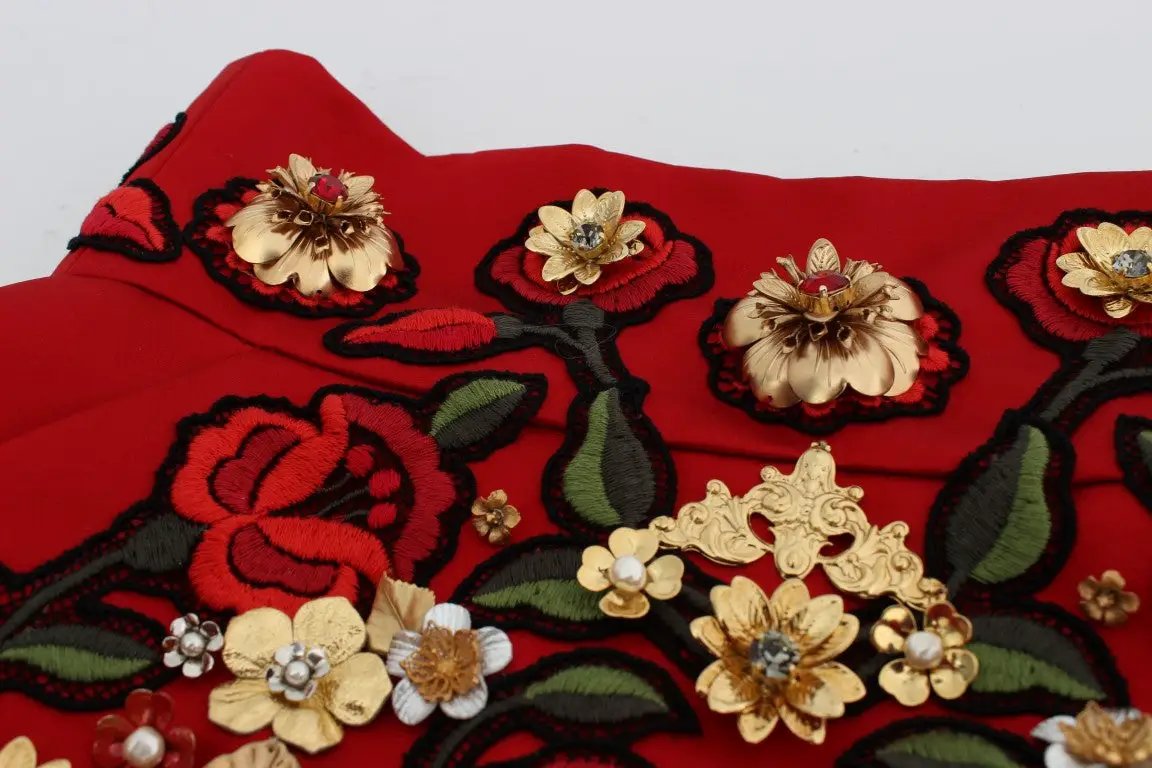 Dolce & Gabbana Red Silk Crystal Roses Shorts by Dolce & Gabbana