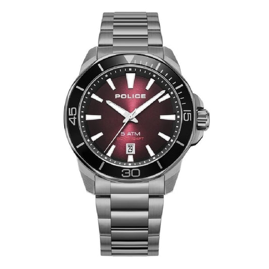 Police Montre Habillée En Acier Inoxydable Gris Avec Cadran Rouge Quartz Analogique Verre Minéral 5ATM
