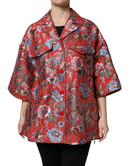 Dolce & Gabbana Red Floral Jacquard Button Down Coat Jacket by Dolce & Gabbana