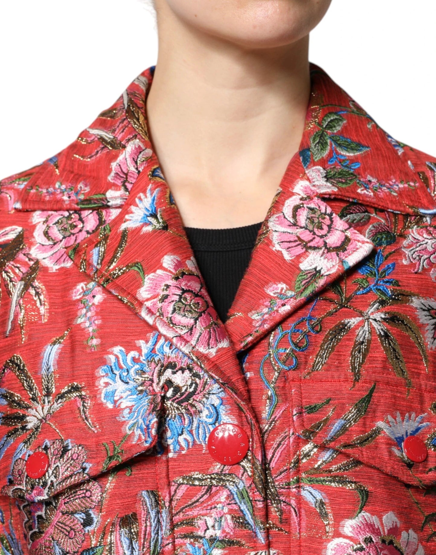 Dolce & Gabbana Red Floral Jacquard Button Down Coat Jacket by Dolce & Gabbana