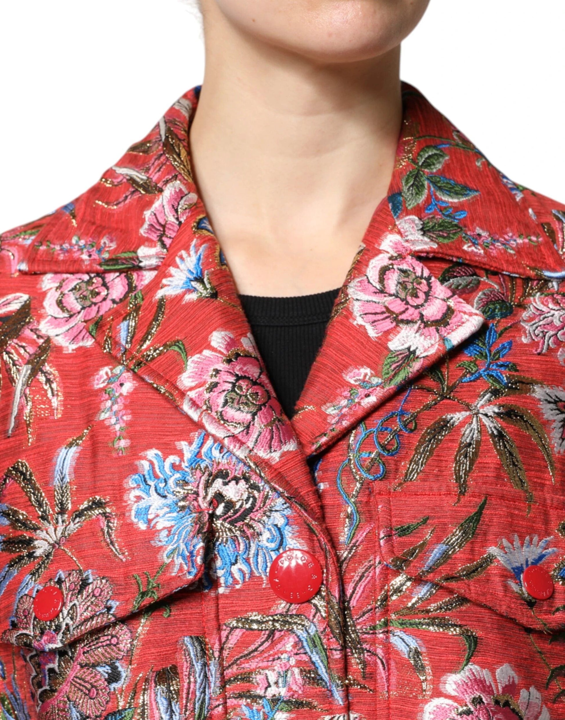 Dolce & Gabbana Red Floral Jacquard Button Down Coat Jacket by Dolce & Gabbana