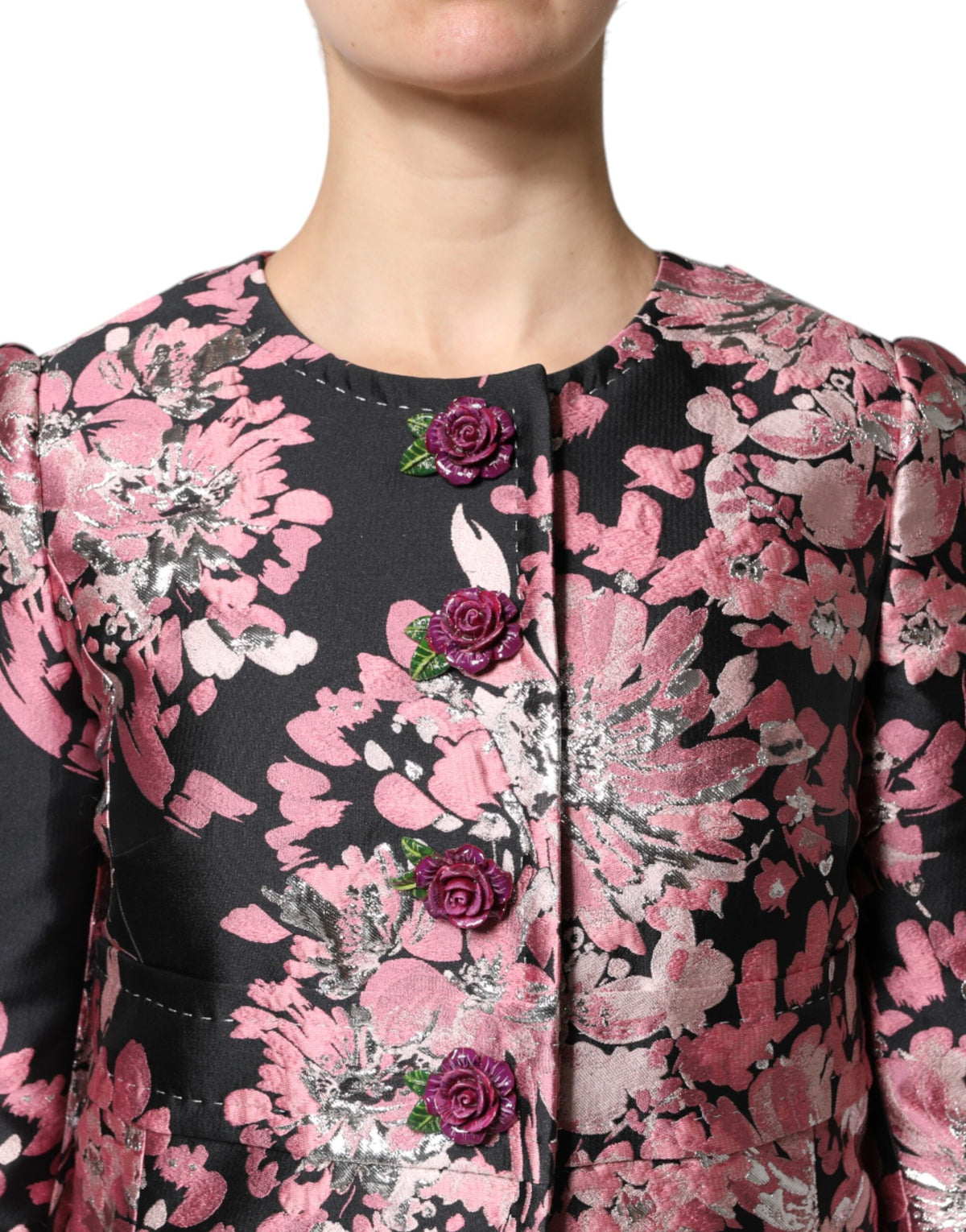 Trench Dolce & Gabbana femme en brocart fleuri rose et noir – JKT41386