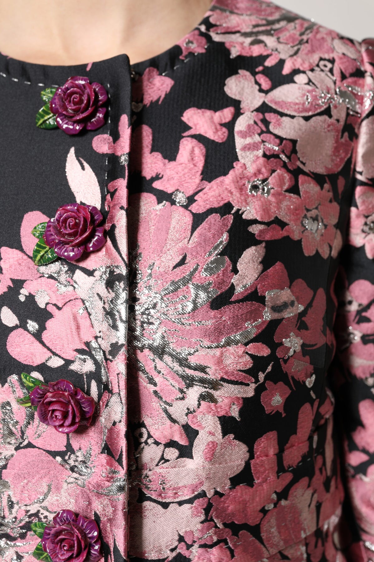 Trench Dolce & Gabbana femme en brocart fleuri rose et noir – JKT41386