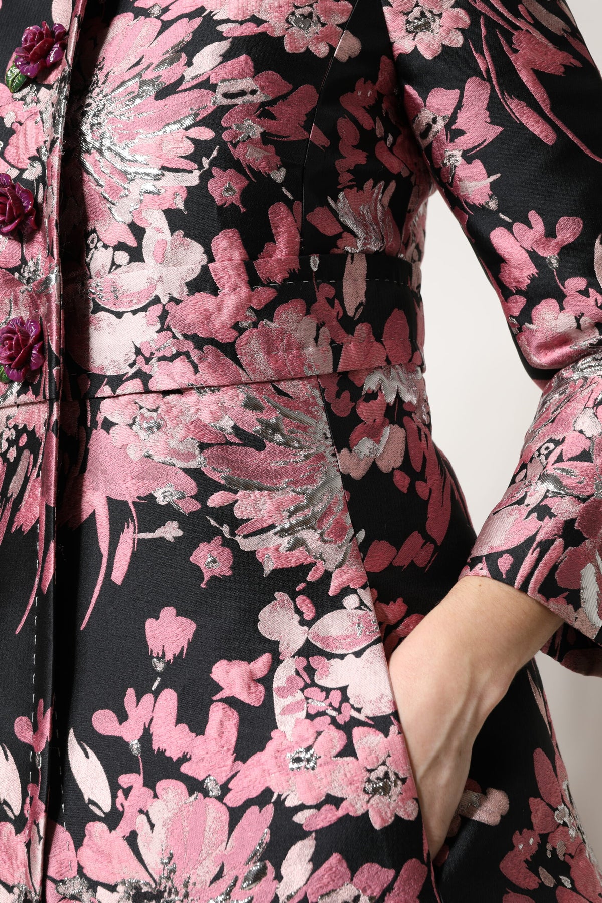 Trench Dolce & Gabbana femme en brocart fleuri rose et noir – JKT41386