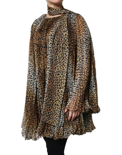 Dolce & Gabbana Brown Leopard Print Scarf Collared Chiffon Dress by Dolce & Gabbana