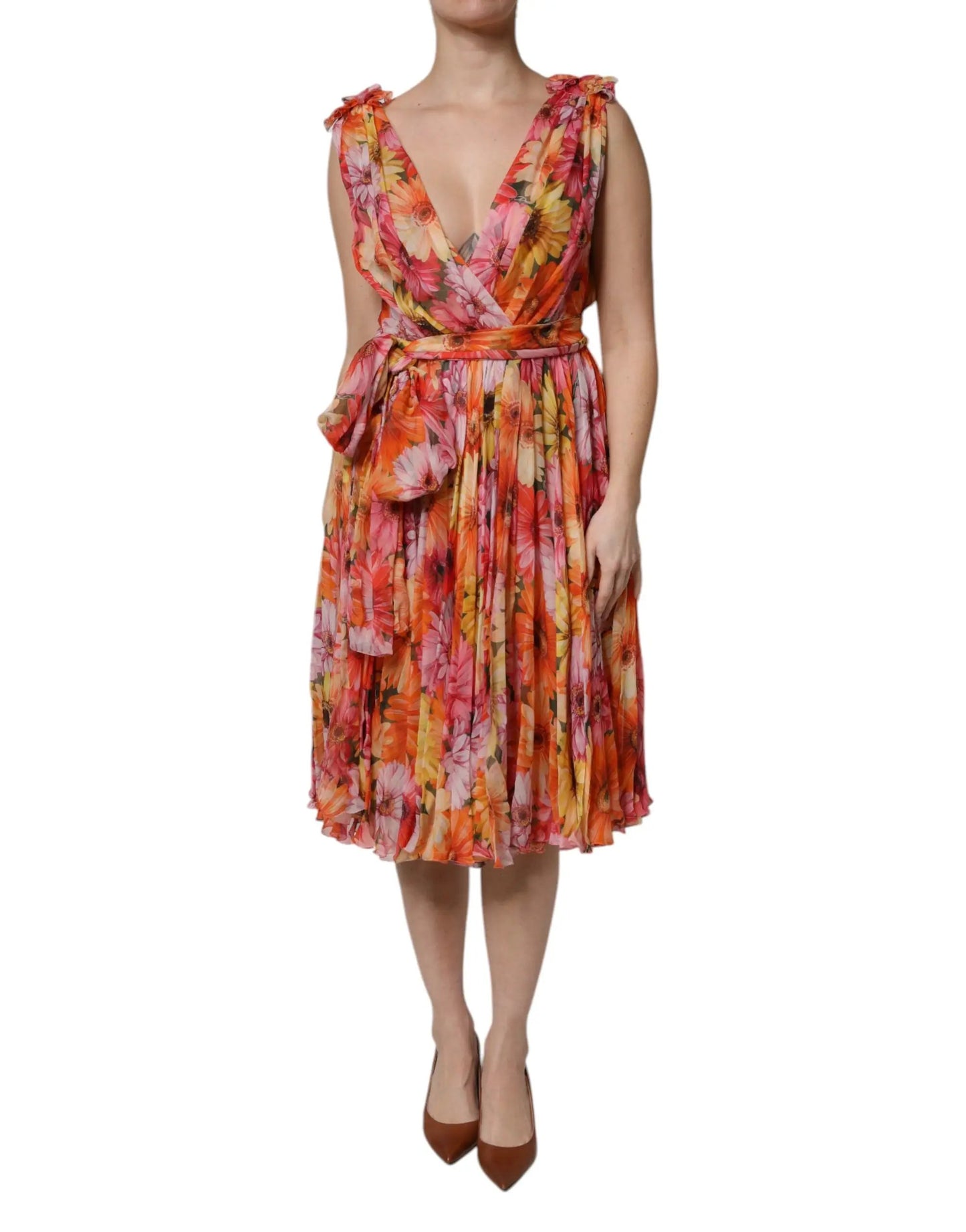 Dolce & Gabbana Multicolor Floral Silk V-neck Chiffon Dress by Dolce & Gabbana