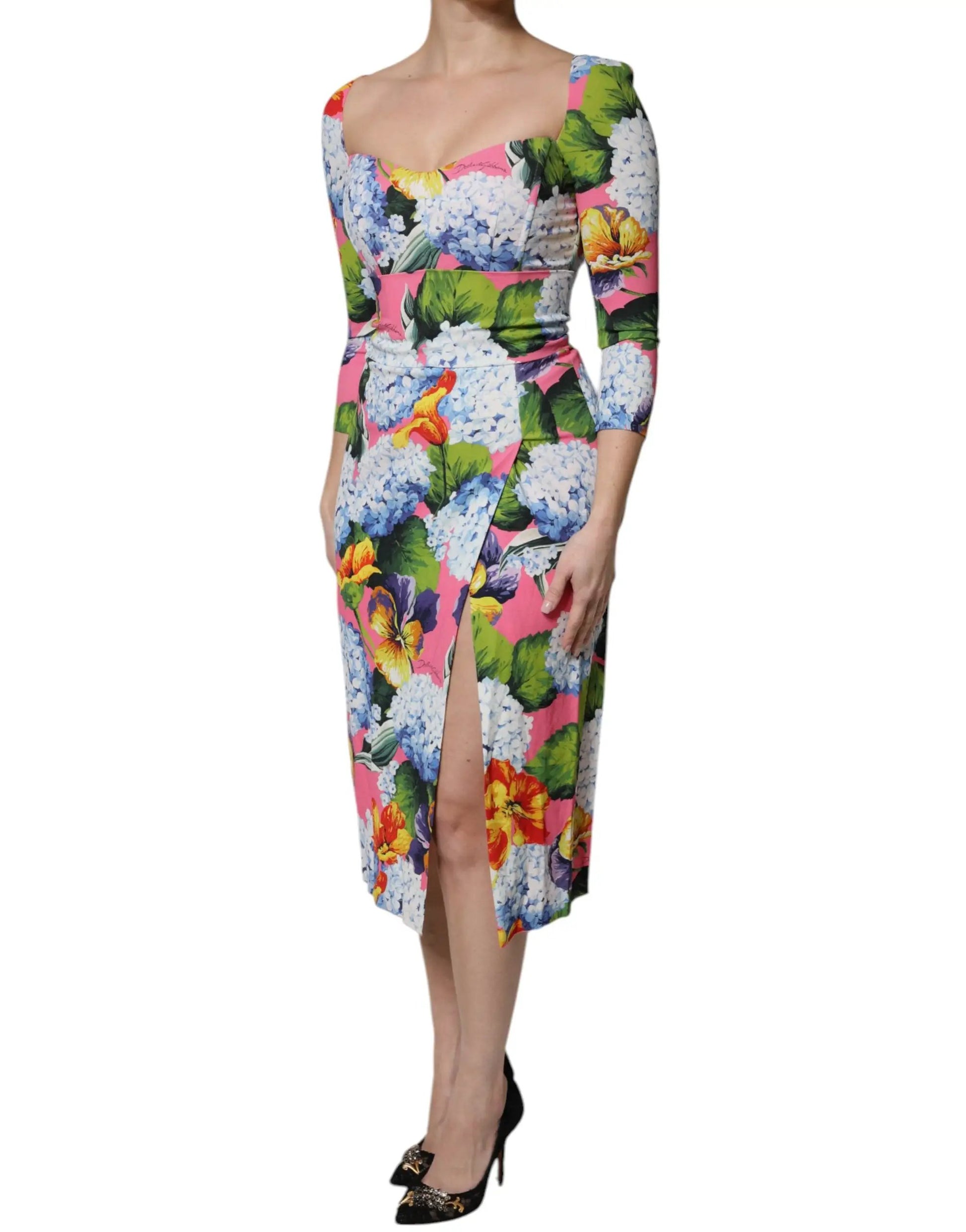 Dolce & Gabbana Multicolor Floral Side Slit Midi Dress by Dolce & Gabbana