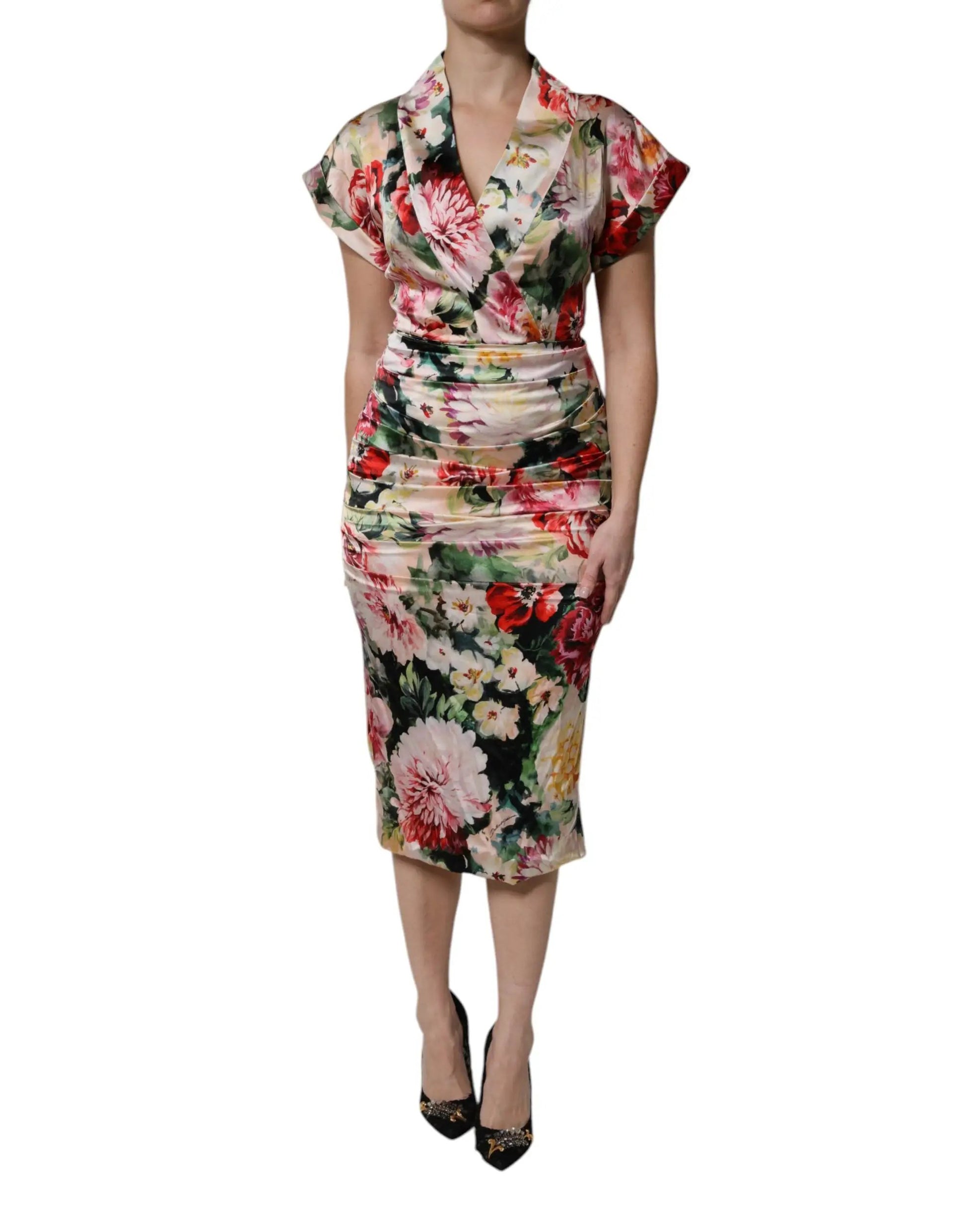 Dolce & Gabbana Multicolor Floral Short Sleeves Sheath Midi Dress by Dolce & Gabbana