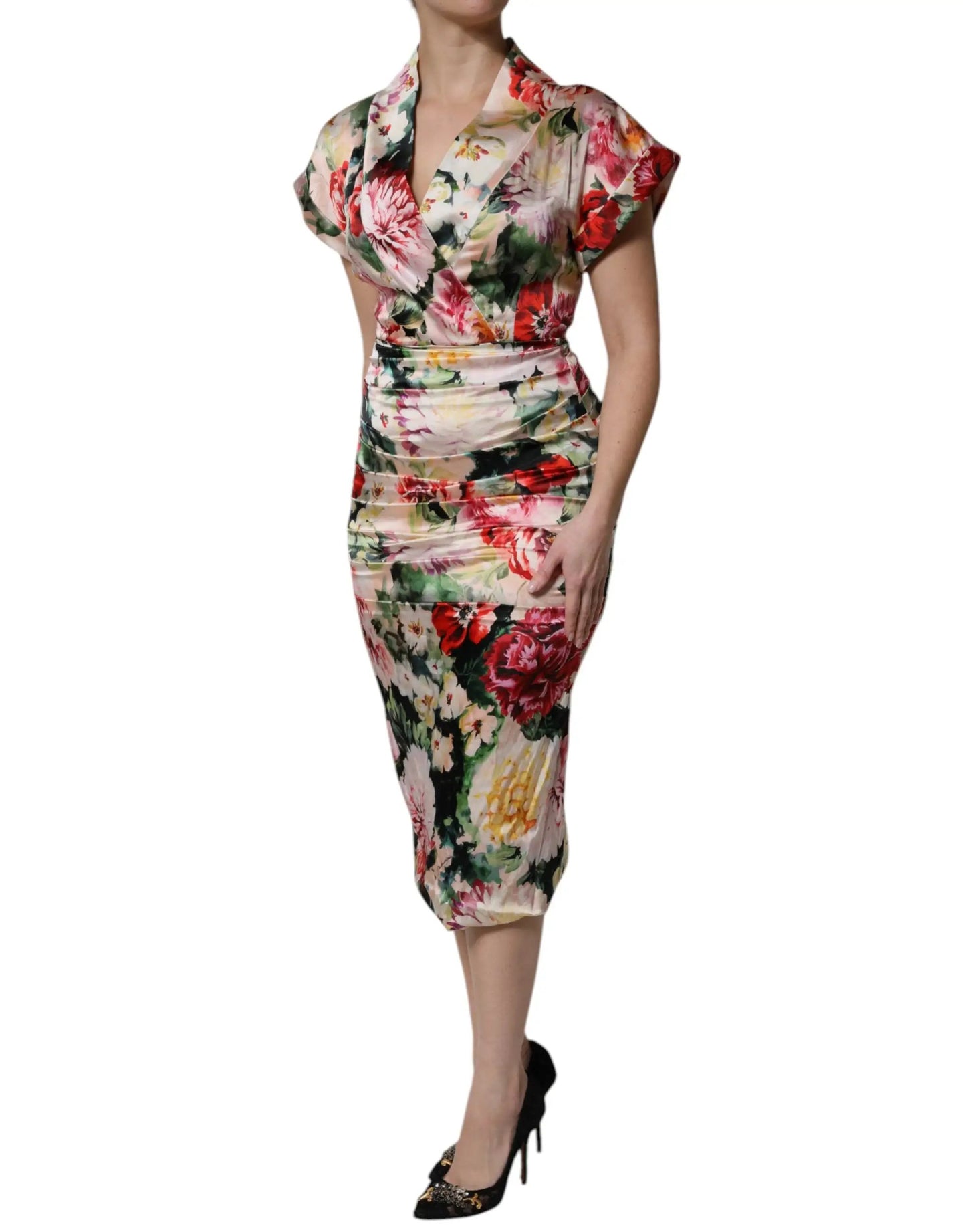 Dolce & Gabbana Multicolor Floral Short Sleeves Sheath Midi Dress by Dolce & Gabbana