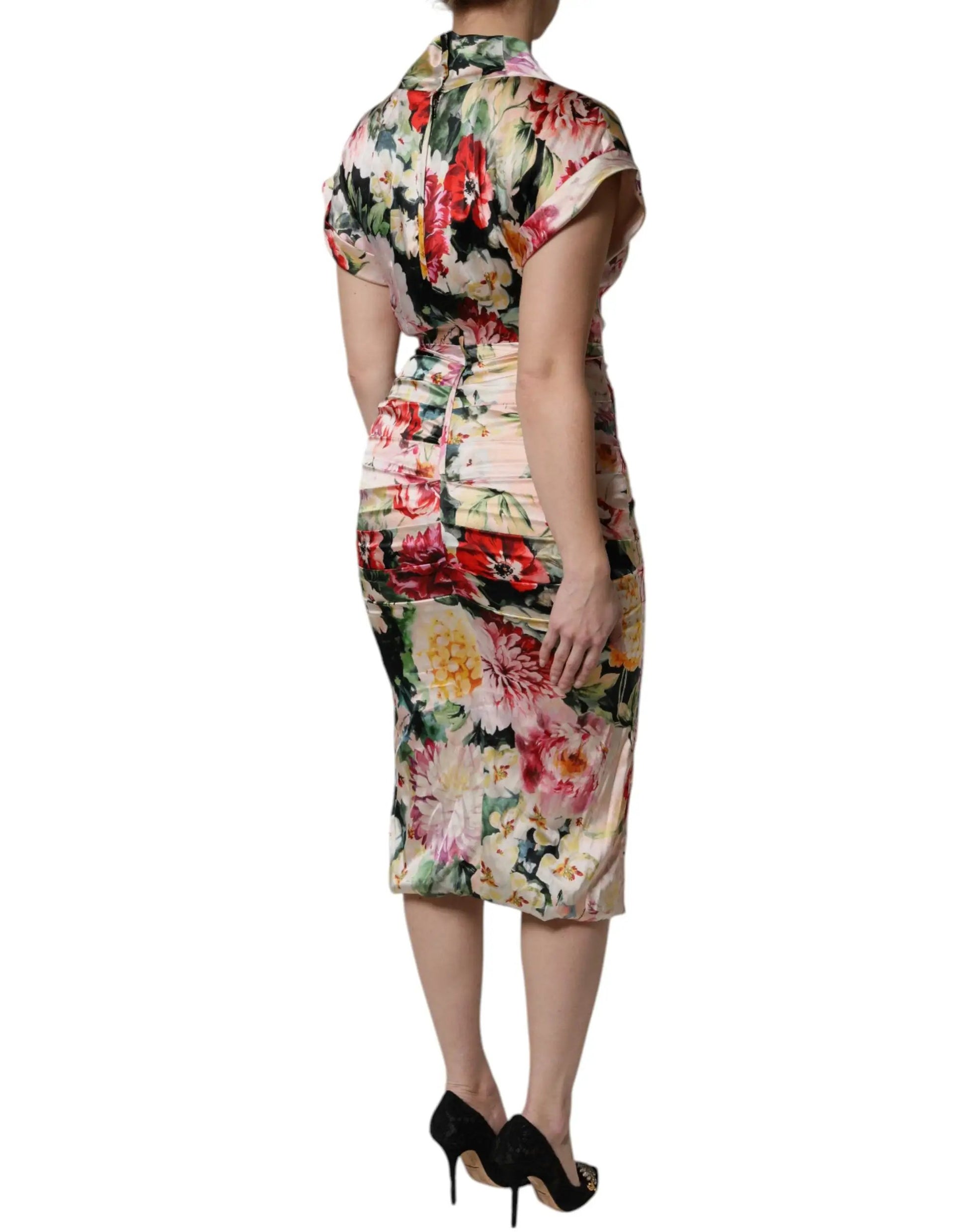 Dolce & Gabbana Multicolor Floral Short Sleeves Sheath Midi Dress by Dolce & Gabbana