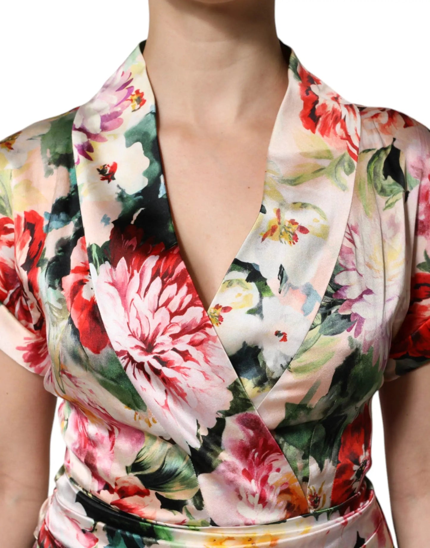 Dolce & Gabbana Multicolor Floral Short Sleeves Sheath Midi Dress by Dolce & Gabbana