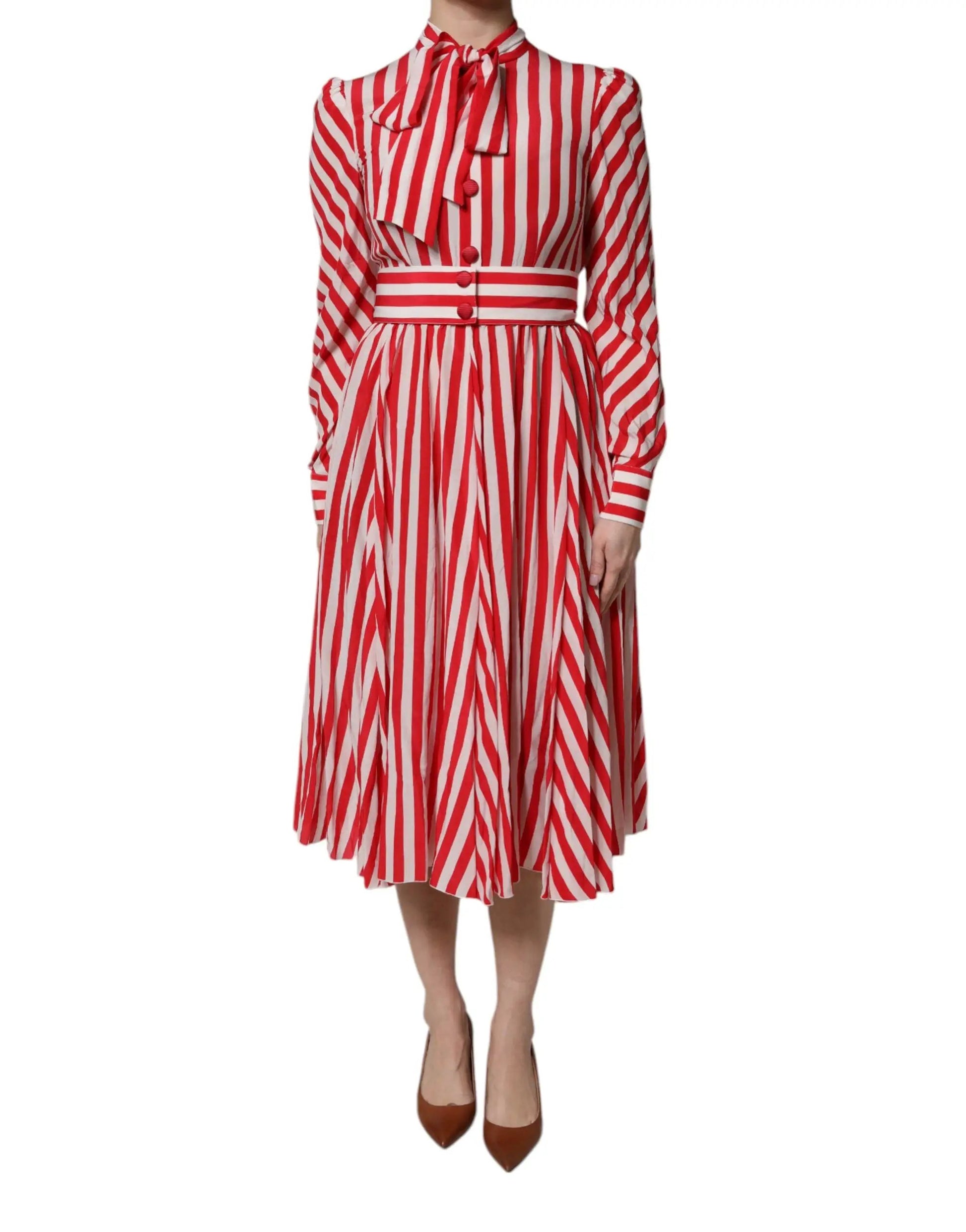 Dolce & Gabbana White Red Stripes Long Sleeves Midi Dress by Dolce & Gabbana
