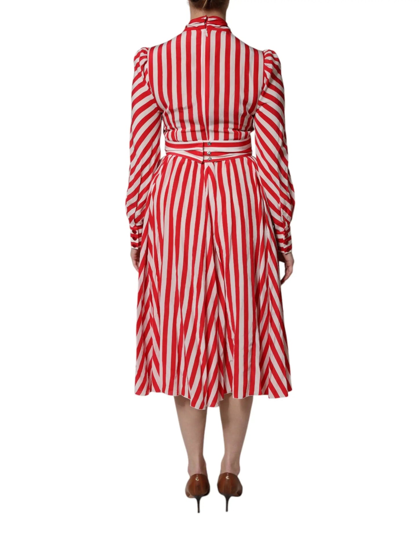 Dolce & Gabbana White Red Stripes Long Sleeves Midi Dress by Dolce & Gabbana