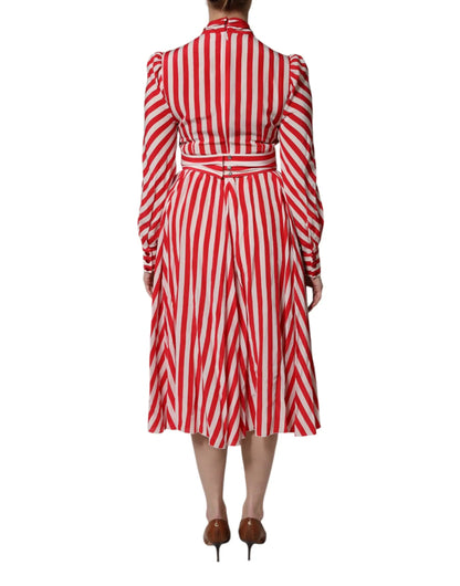 Dolce & Gabbana White Red Stripes Long Sleeves Midi Dress by Dolce & Gabbana