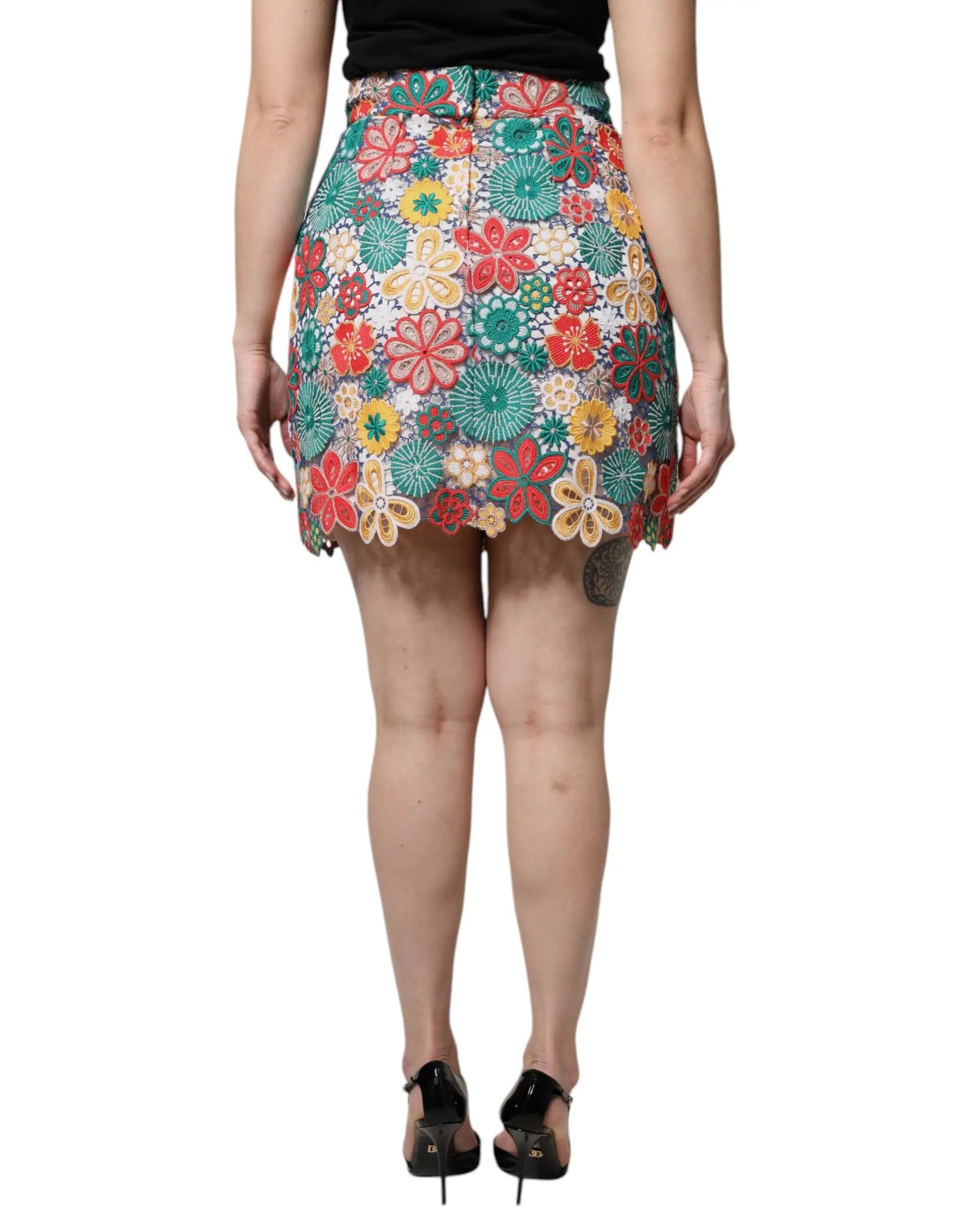 Dolce & Gabbana Multicolor Floral Lace High Waist Mini Skirt by Dolce & Gabbana
