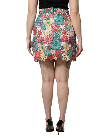 Dolce & Gabbana Multicolor Floral Lace High Waist Mini Skirt by Dolce & Gabbana