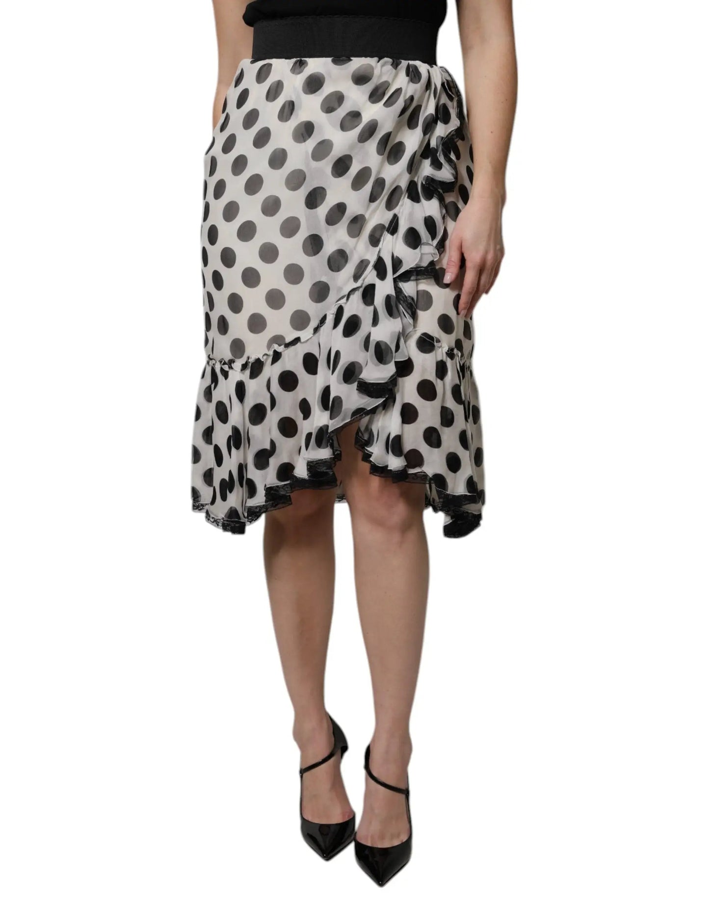 Dolce & Gabbana White Black Polka Dots Knee Length Skirt by Dolce & Gabbana