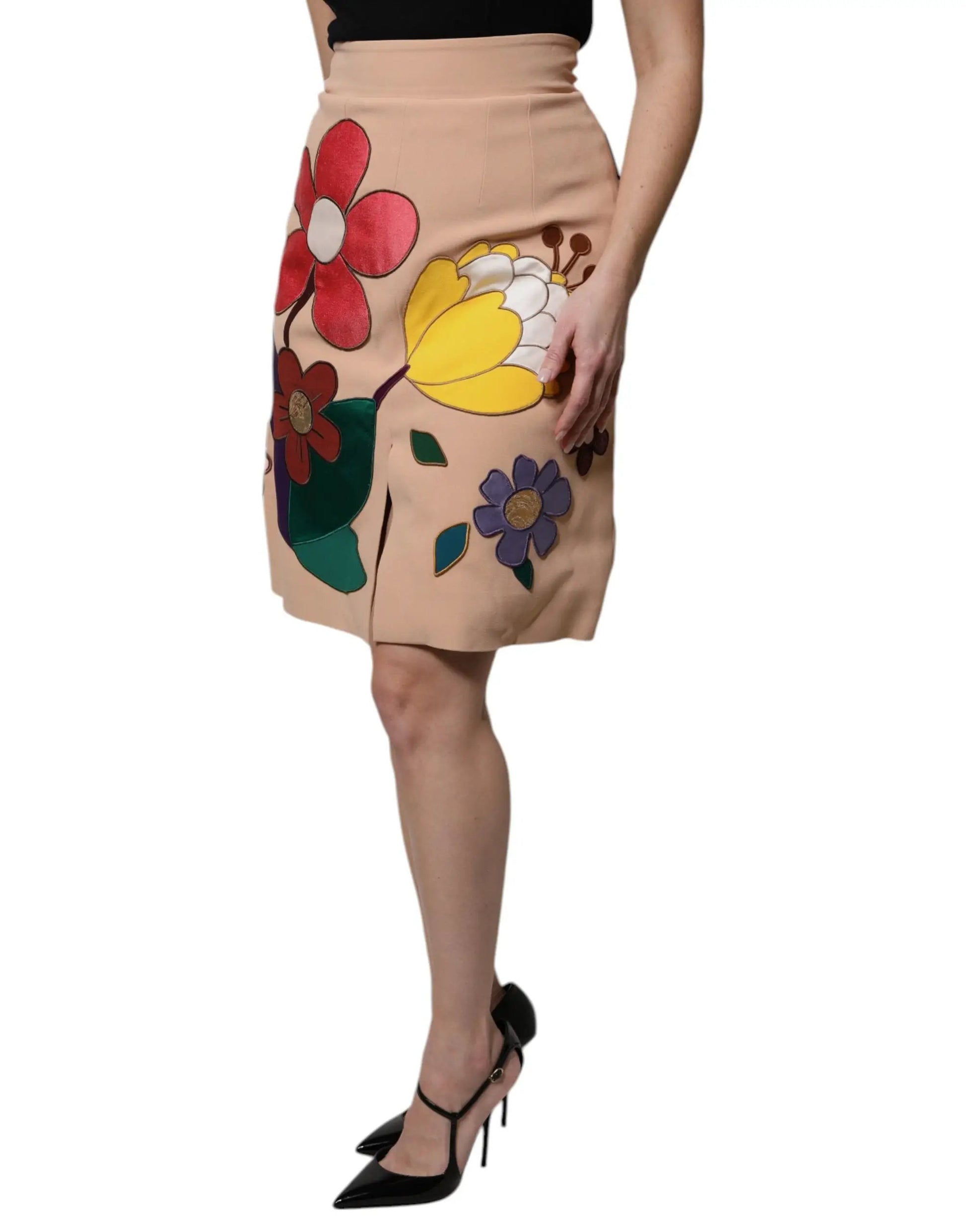 Dolce & Gabbana Beige Floral High Waist Pencil Cut Skirt by Dolce & Gabbana